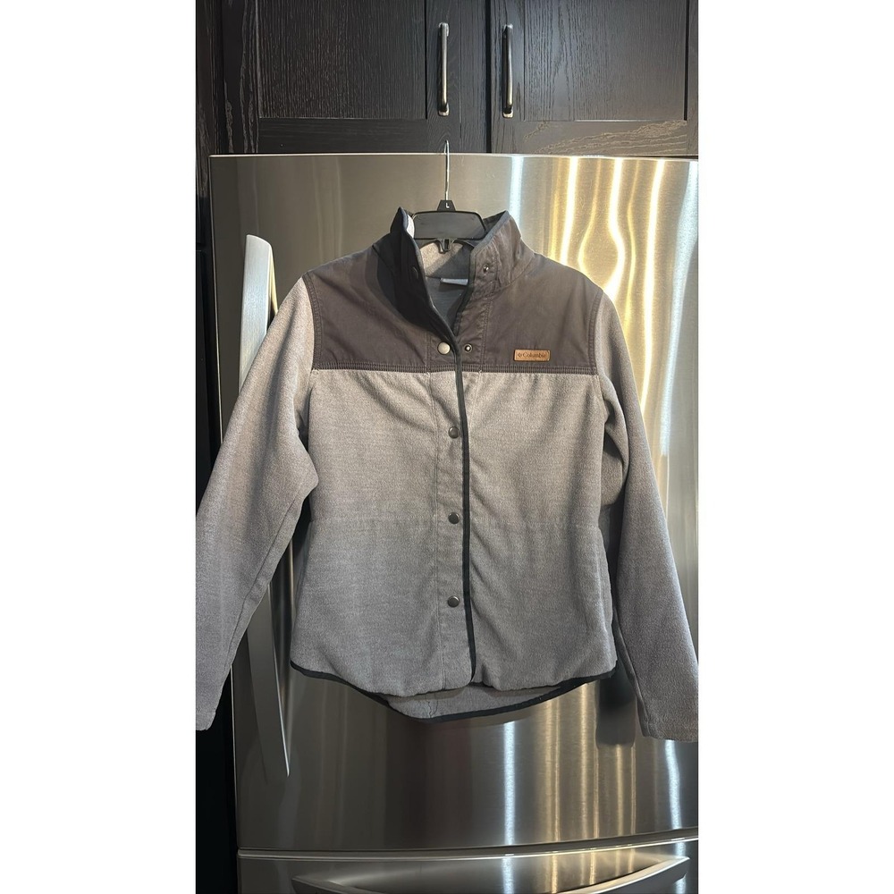 Columbia Women's Gray Black Colorblock Fleece Mock Neck Snap Button Jacket SZ M